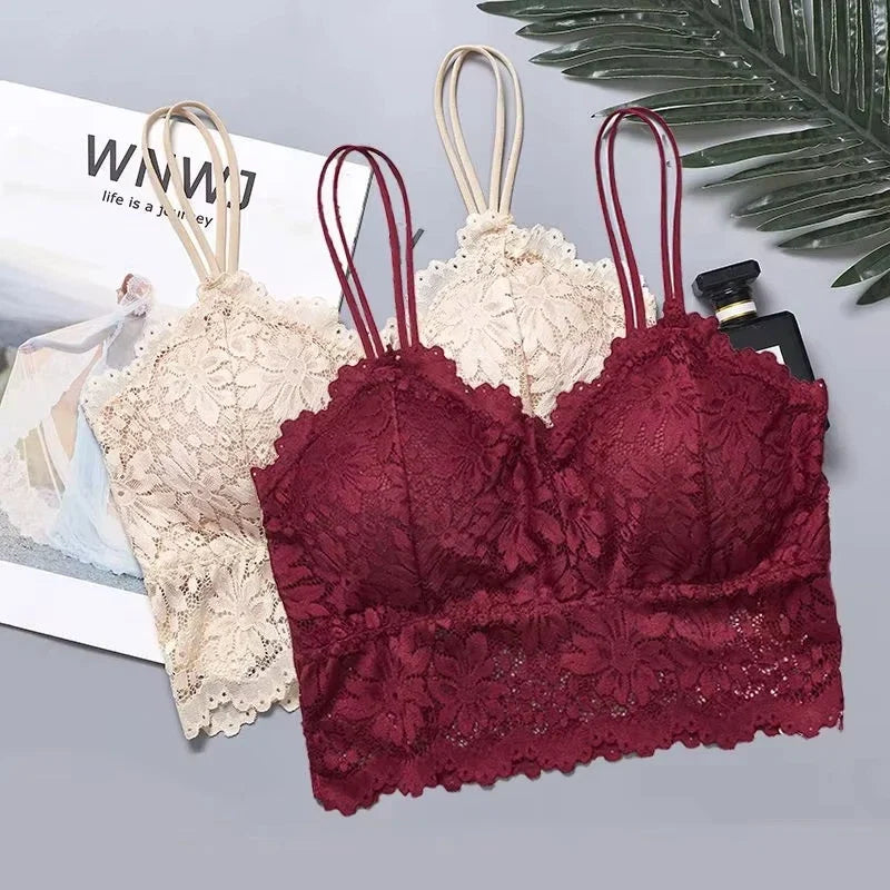 4pcs Women'S Sexy Lace Bra & Panty Set, Breathable & Comfortable, Removable Bra, Stretchy Lingerie Set