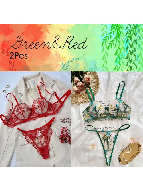 2-piece sexy lingerie set for women: red and green temptation, thong. Green lingerie set, very pleasant