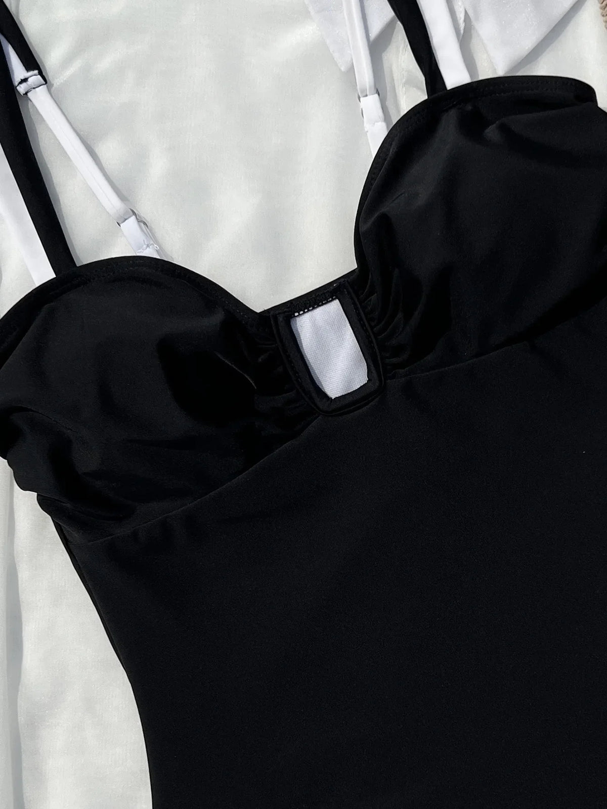 Vintage Black White Patchwork Swimwear Women 2026 Sexy Metal U Neck Backless One Piece Swimsuit Beach Bathing Suits Monokini