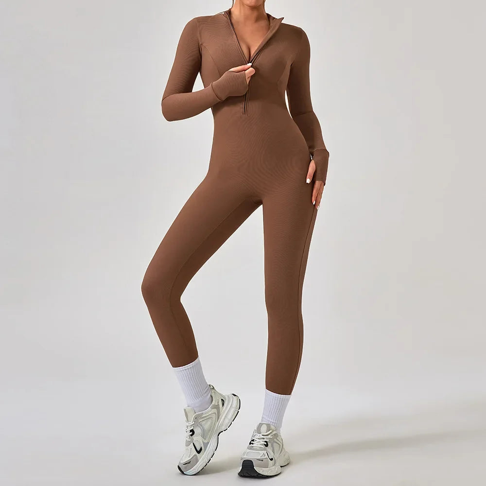 Women's Jumpsuits One-Piece Suit Yoga Set Zipper Long Sleeve Gym Push Up Workout Clothes Fitness Bodysuit Sportswear Tracksuit