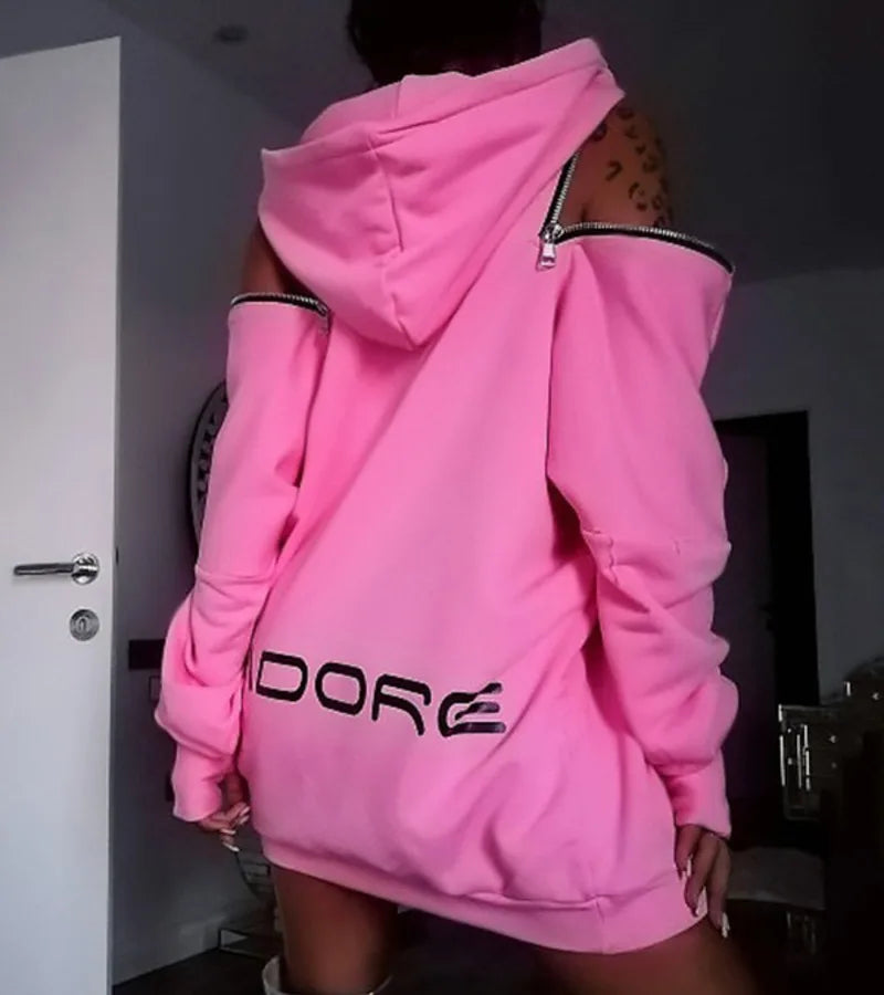 Women's Pink Hoodie Coat Y2K Stylish Off-The-Shoulder Print Hollow Long Sleeves Streetwear Women's Clothing 89431
