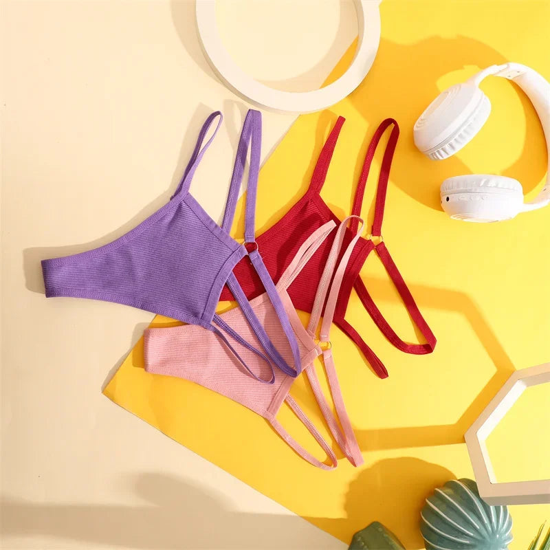 2PCS Women Sexy Cotton Panties Two Belts Hollow Out G-String Thongs Breathable Underwear for Female Solid Color Lingerie S-XL