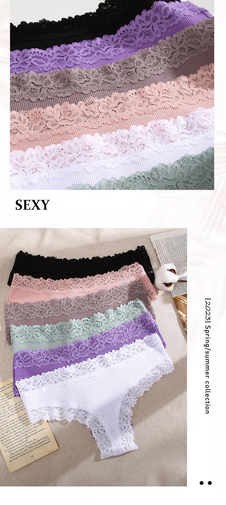 3Pcs Sexy Women Cotton Brazilian Pants Lace Brazilian Briefs Low Waist Floral Solid Color G-string Breathable Soft Lingerie