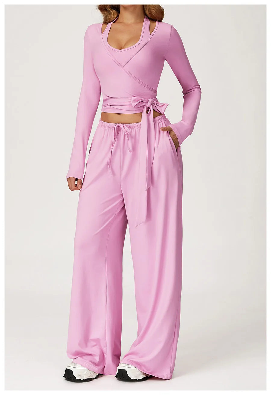 New Women Yoga Set 2/3 Pieces Long sleeves Workout Tracksuit Sportswear Gym Clothing Wide-leg sport pants Fitness Sports Suit
