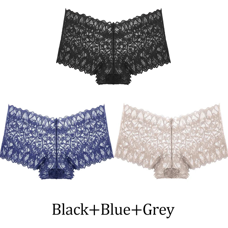 3Pcs Women Lace Boyshort Panties Low-Rise Sexy Underwear Trendy Floral Underpants Female Sexy Boyshort Panties Ladies Lingerie