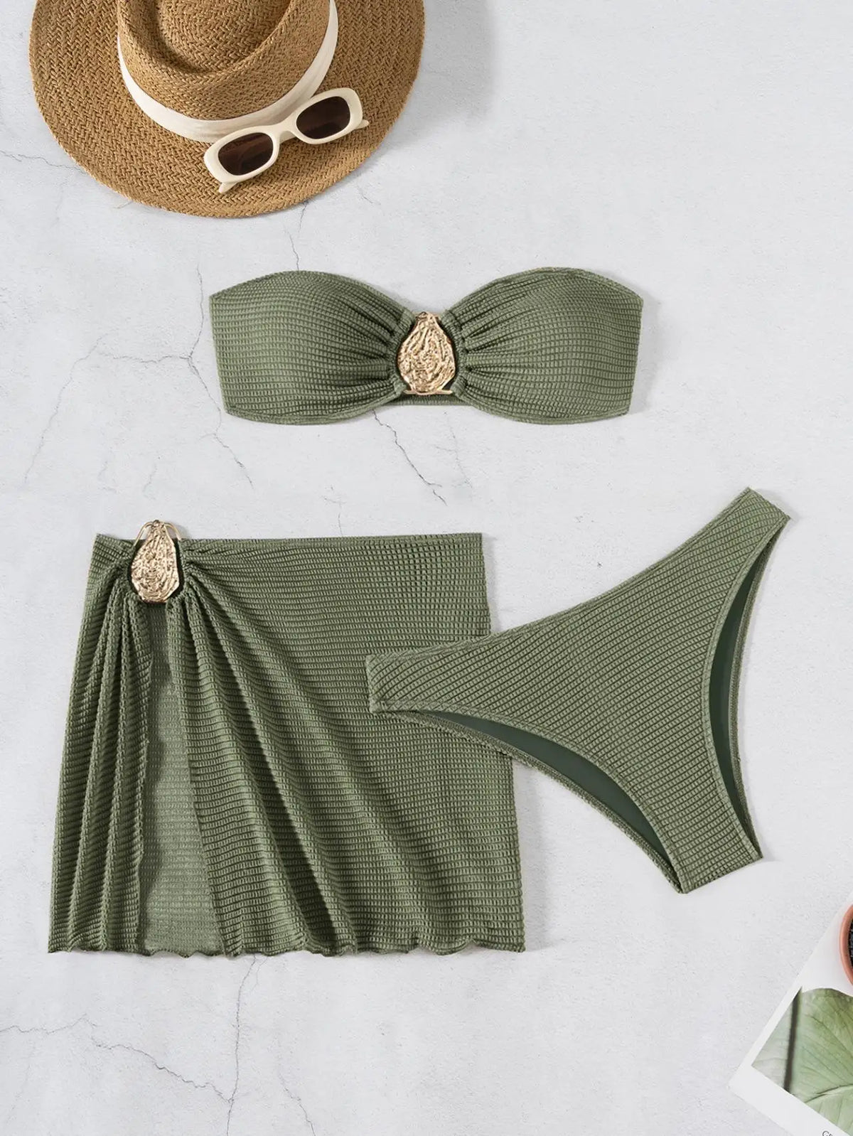 Sexy Bandeau Bikini Women Coffee Metal Water Droplet Ornament Push Up Mesh Skirt 3 Piece Swimsuit Beach Bathing Suit Swimwear