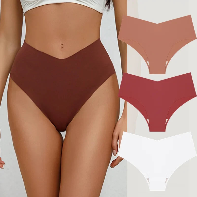 3PCS Women's Seamless Maillard Underwear Sexy V-Shaped Mid Waist Ice Silk Briefs 10 Soild Color Cozy Stretch Sexy Underpant S-XL
