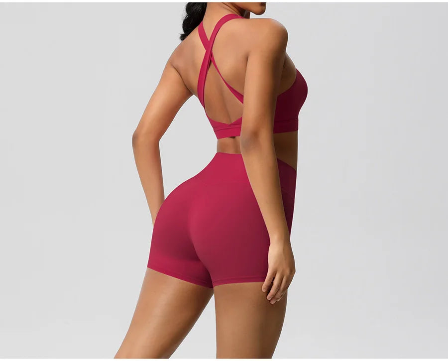 2PCS Yoga Set Women Gym Sports Suits Fitness Bra Crop Top Workout Clothes Female Athletic Wear Push Up Shorts Sportswear