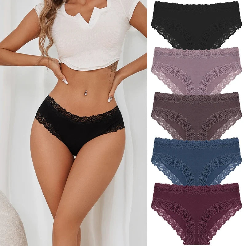 5PCS/Set Women Cotton Panties Sexy Lace Low Waist Briefs Stretch Comfortable Ladies Underwear Soft Breathable Intimate Lingerie