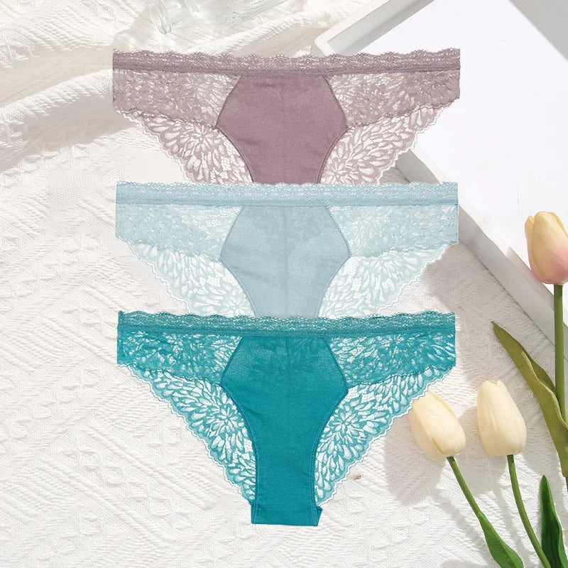 3Pcs/Set Seamless Lace Women Panties Transprant Hollow Out Low Waist Briefs Female Solid Soft Breathable Lingerie Underwear
