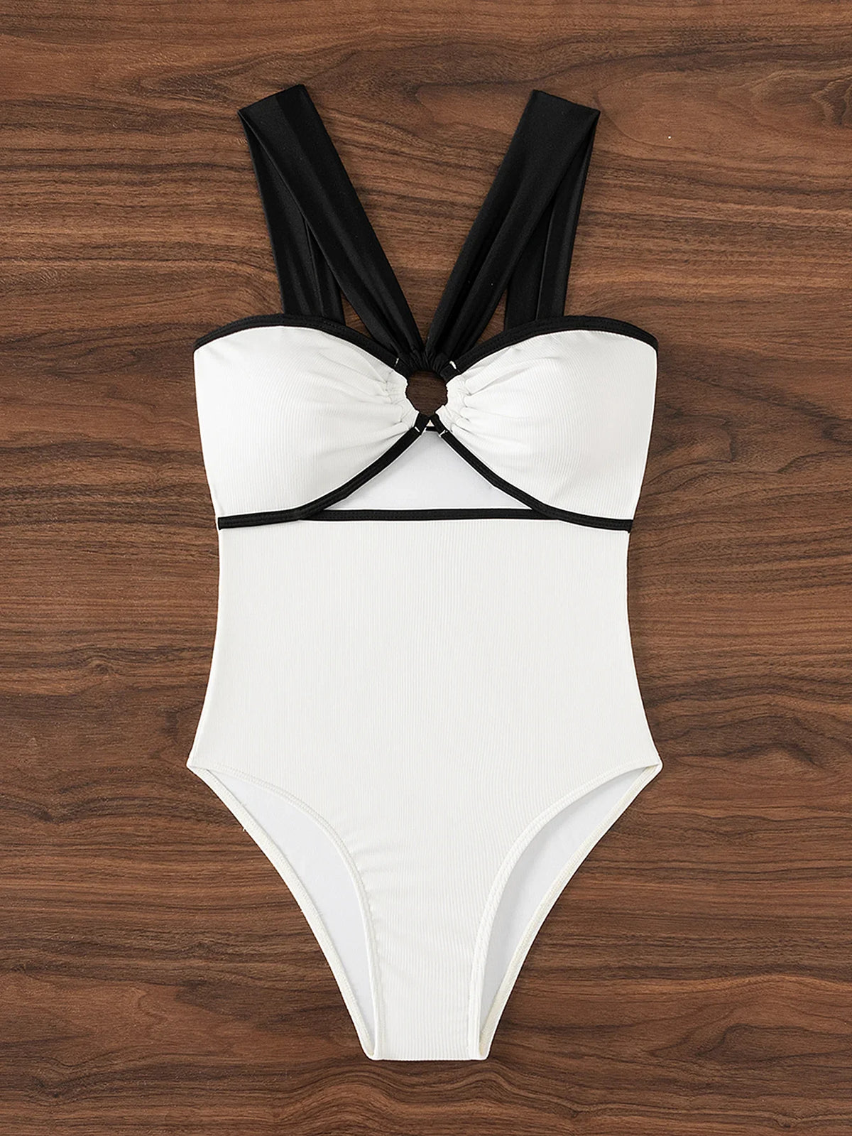 New White Black Patchwork Swimwear Women Halter Metal Ring Linked Hollow Out Slim Tummy Control One Piece Swimsuit Monokini 2025
