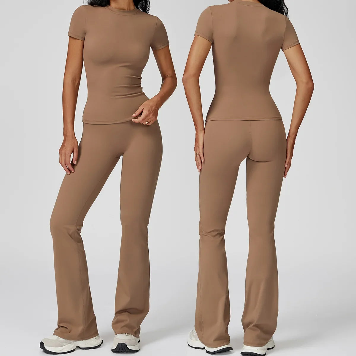 New Yoga Set Two Piece Women Short Sleeve Top with High Waist Leggings Seamless Workout Clothes Patchwork Sport Fitness Gym Sets