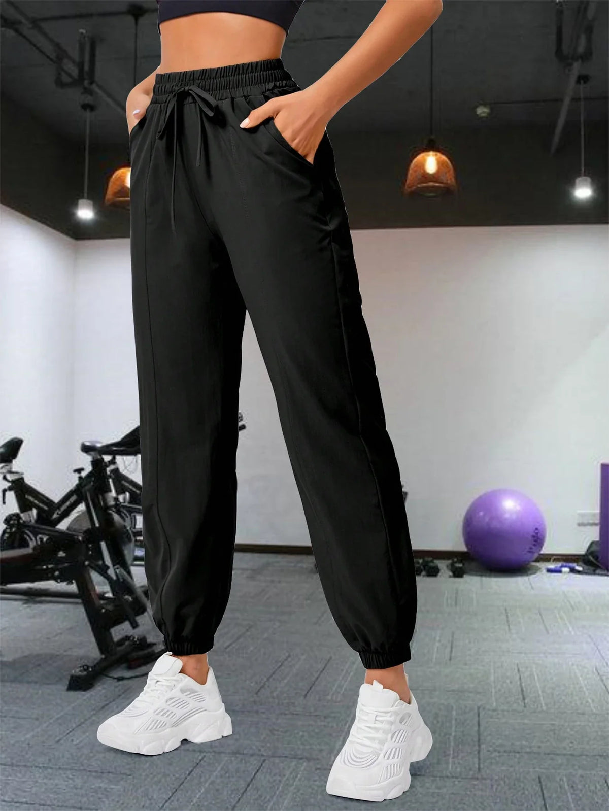 Loose running and fitness pants, women's side pockets, outdoor casual sports pants, ankle tied yoga pants