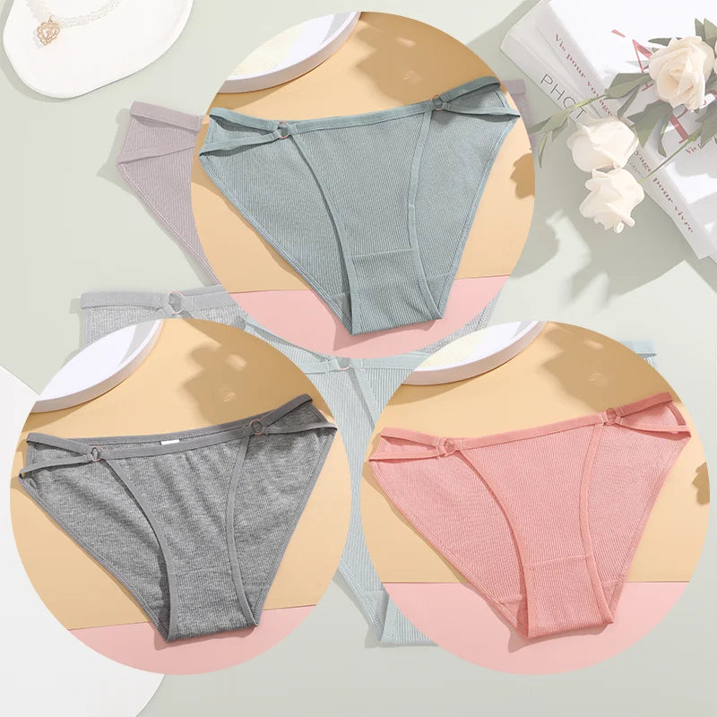 3Pcs Women Cotton Lingerie Sexy Soft Fashion Panties Femme Buckle Design Underwear Pantys Underpant Lingerie Lace Intimates S-XL