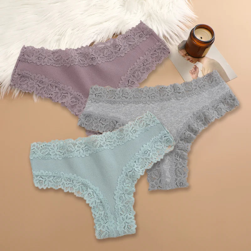 3Pcs Women Cotton Brazilian Pants Sexy Lace Brazilian Briefs Low Waist Floral Solid Color G-string Breathable Soft Lingerie