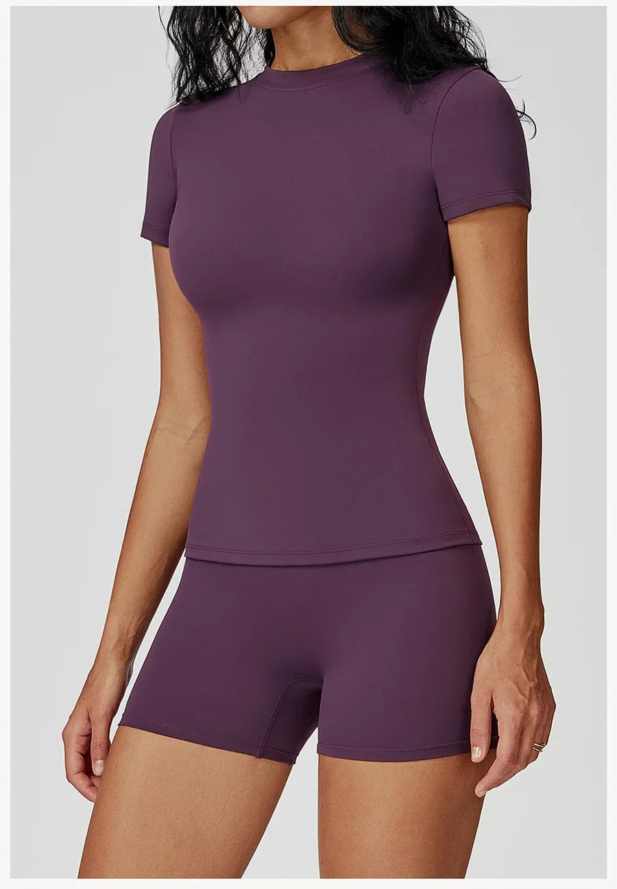 New Yoga Set Two Piece Women Short Sleeve Top with High Waist Leggings Seamless Workout Clothes Patchwork Sport Fitness Gym Sets