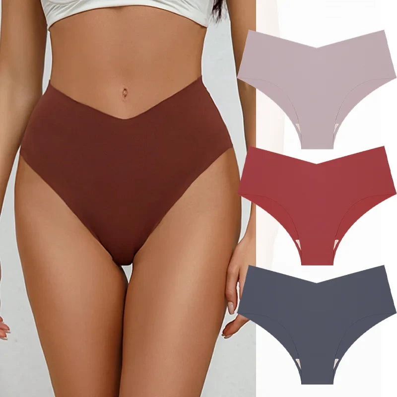 3PCS Women's Seamless Maillard Underwear Sexy V-Shaped Mid Waist Ice Silk Briefs 10 Soild Color Cozy Stretch Sexy Underpant S-XL