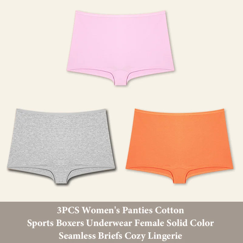 3PCS Women's  Cotton Seamless Panties Sports Boxers Underwear Female Solid Color Briefs Cozy Lingerie Intimate Underpants XS-XL