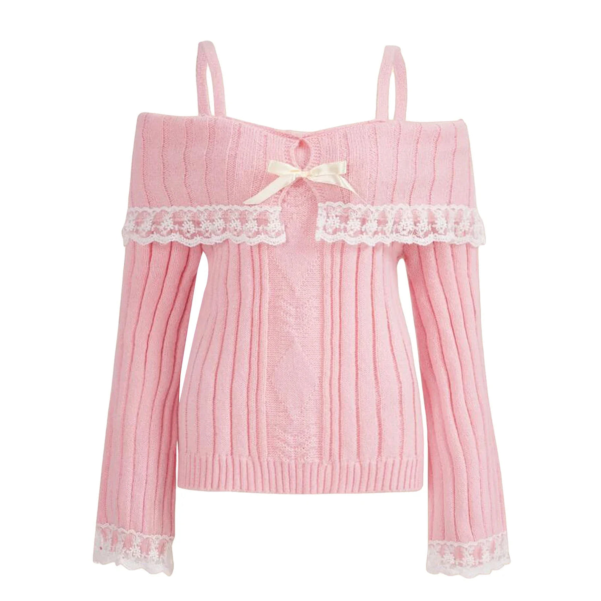 Women Long Sleeve Contrast Lace Knit Pullovers Autumn Winter Cold Shoulder Sweaters Bow Front Jumper Tops Beige/Pink