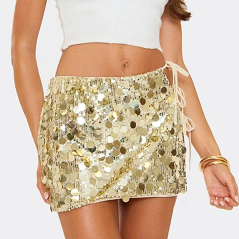 Women Mini Glitter Split Skirt Clubwear Mid Rise Sequined Bottoms Tie-Up Bodycon Sparkly Skirt Clubwear Party Night Streetwear