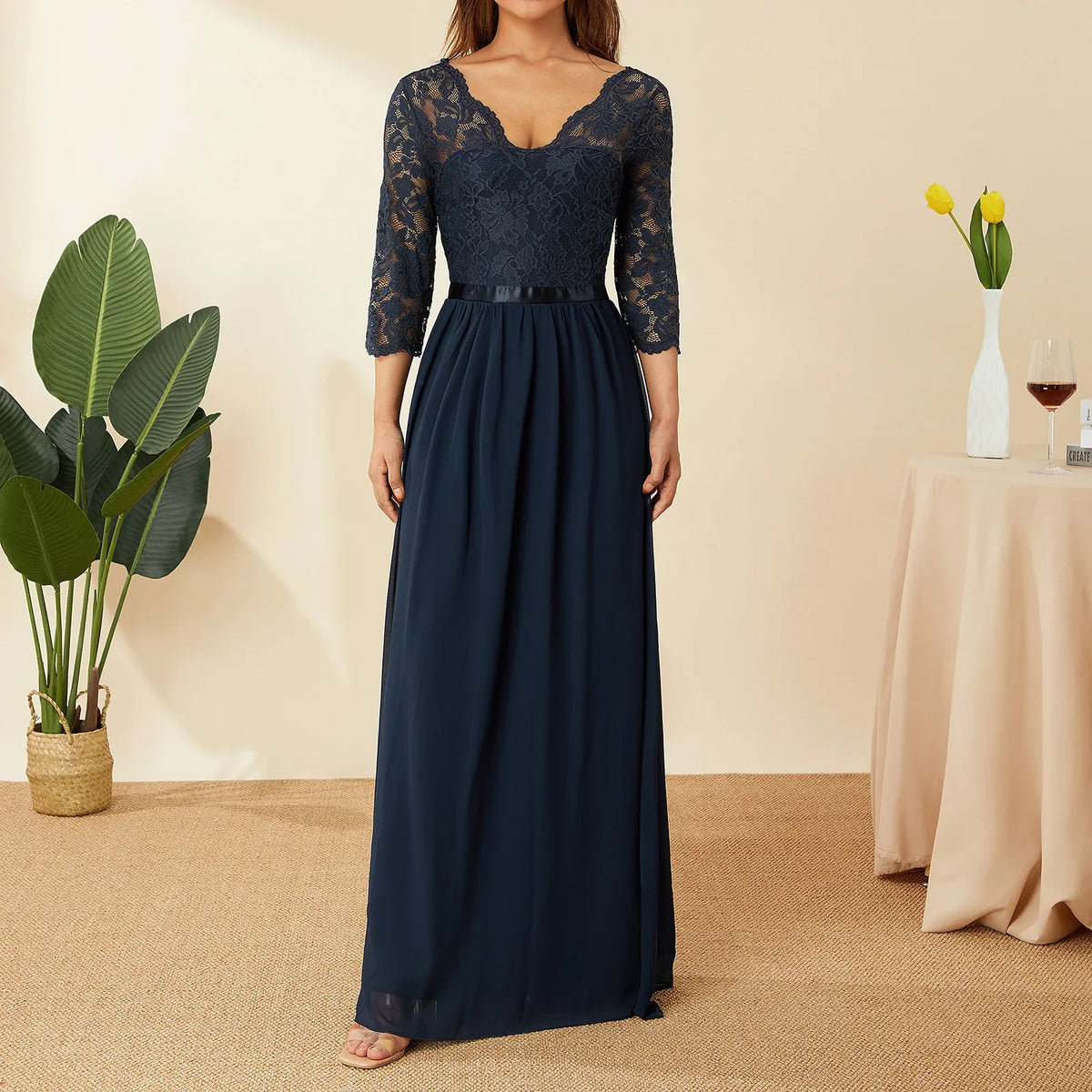 Elegant Lace Chiffon A-Line Long Dresses Women Wedding Dress Bridesmaid Dresses V-neck Mid-Sleeve Backless Zipper Female Dress