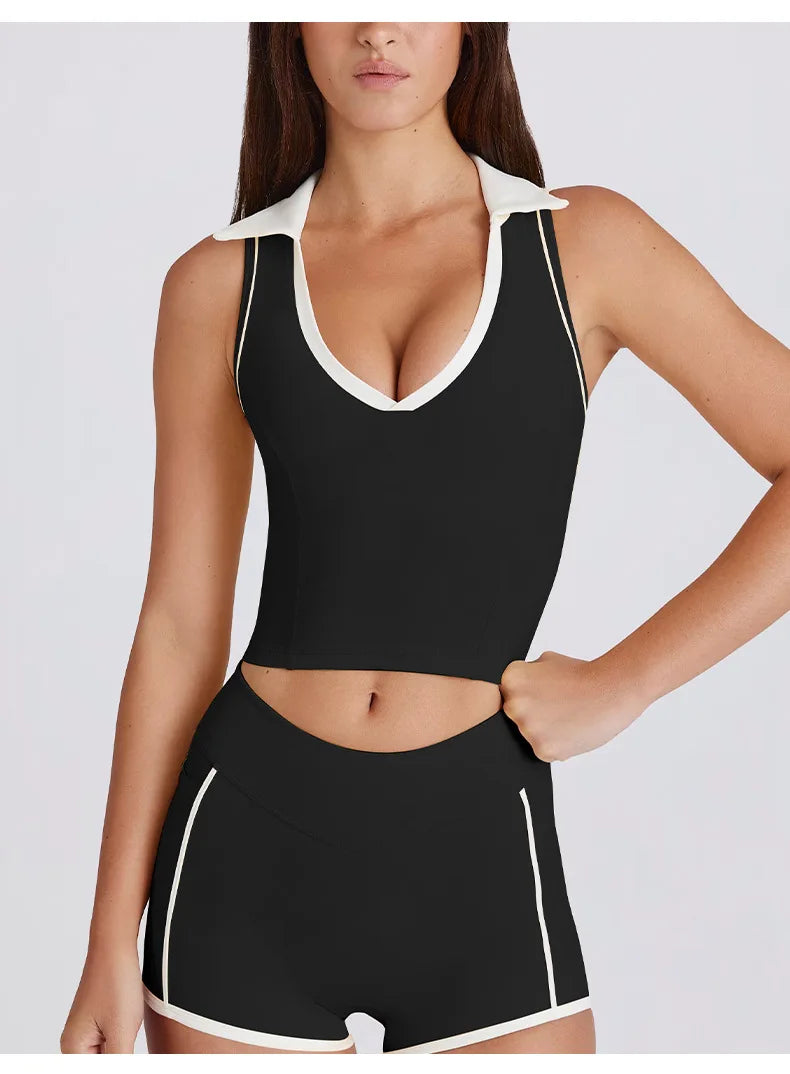Colorblock V-Neck Tank Top with Built-In Bra Quick-Dry Breathable Sports Bra for Women Running Pilates Gym Yoga Workout