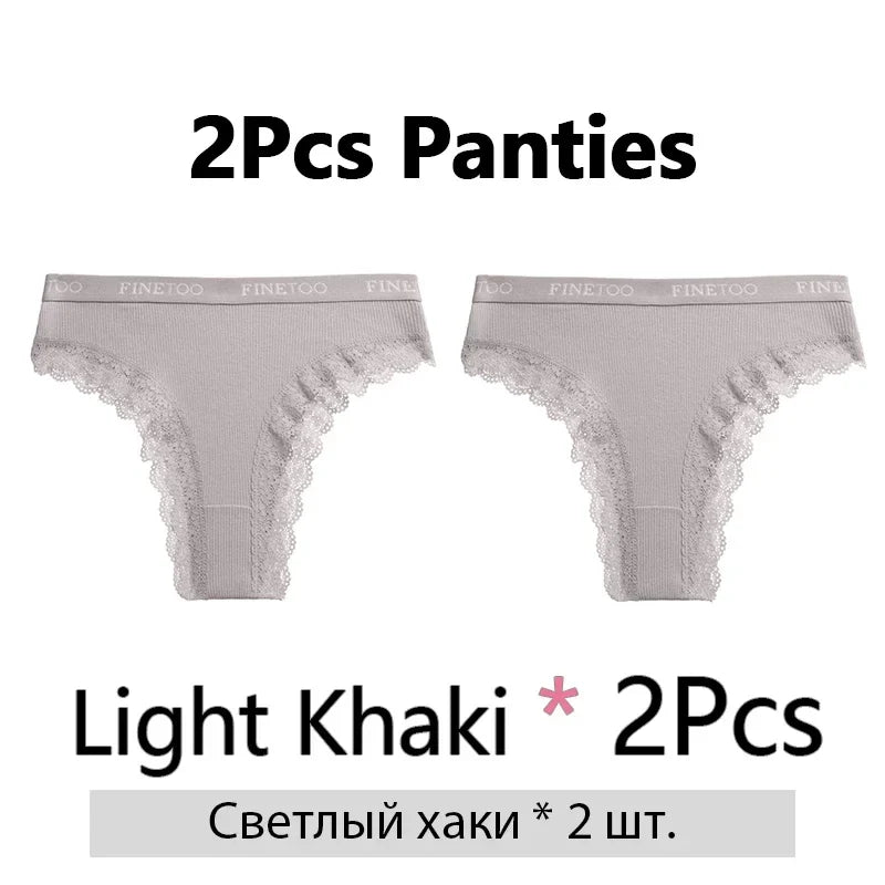 FINETOO 2Pcs/Set Women Cotton Brazilian Panties Plus Size M-2XL Lingerie Sexy Lace Underwear Low Rise Girls Intimates Underpants
