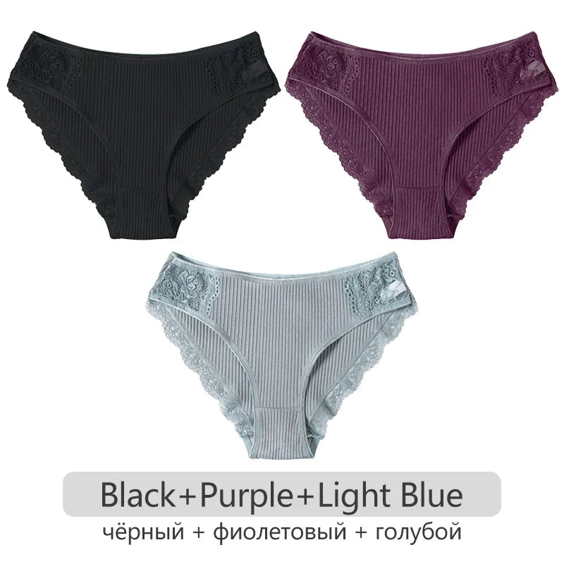 3Pcs/set Women's Cotton Panties M-2XL Trendy Patchwork Lace Underwear Female Low Waist Briefs Ladies Comfortable Underpants 2023