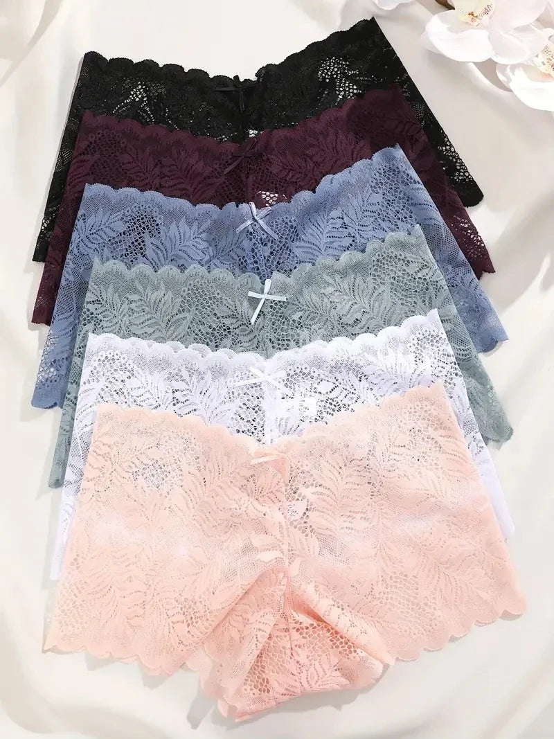 6PCS Women Lace Boxers Briefs Sexy Seamless Breathable Low Waist Female Underwear Solid Color Intimates High Elastic Lingerie