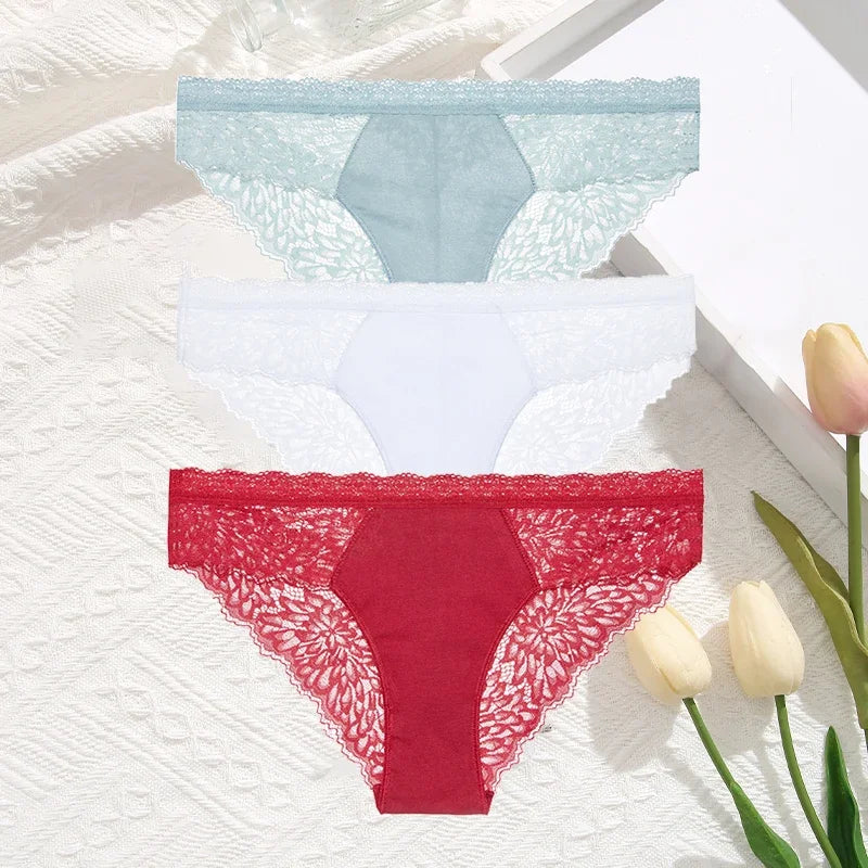 3Pcs/Set Seamless Lace Women Panties Transprant Hollow Out Low Waist Briefs Female Solid Soft Breathable Lingerie Underwear