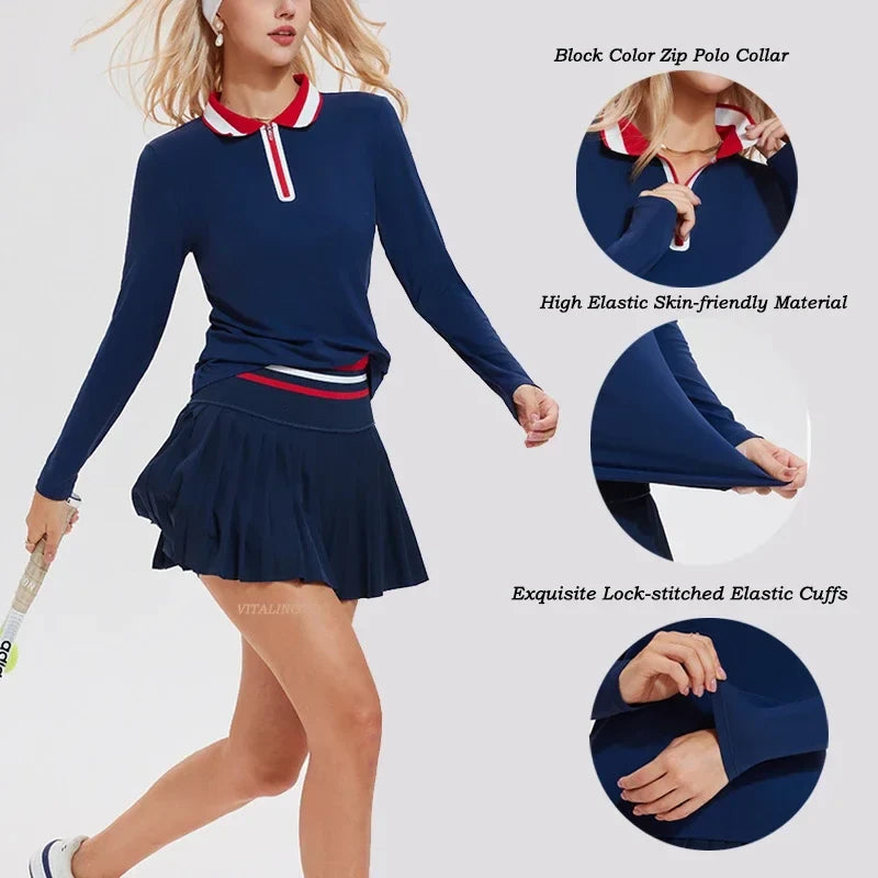 VITALINOVO Tennis Skirt Sets for Women Zipper Color Block Shirts High Waisted Golf Polo Two Piece Skirt Set Women 2 Piece Outfit