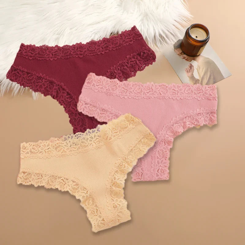 3Pcs Sexy Women Cotton Brazilian Pants Lace Brazilian Briefs Low Waist Floral Solid Color G-string Breathable Soft Lingerie