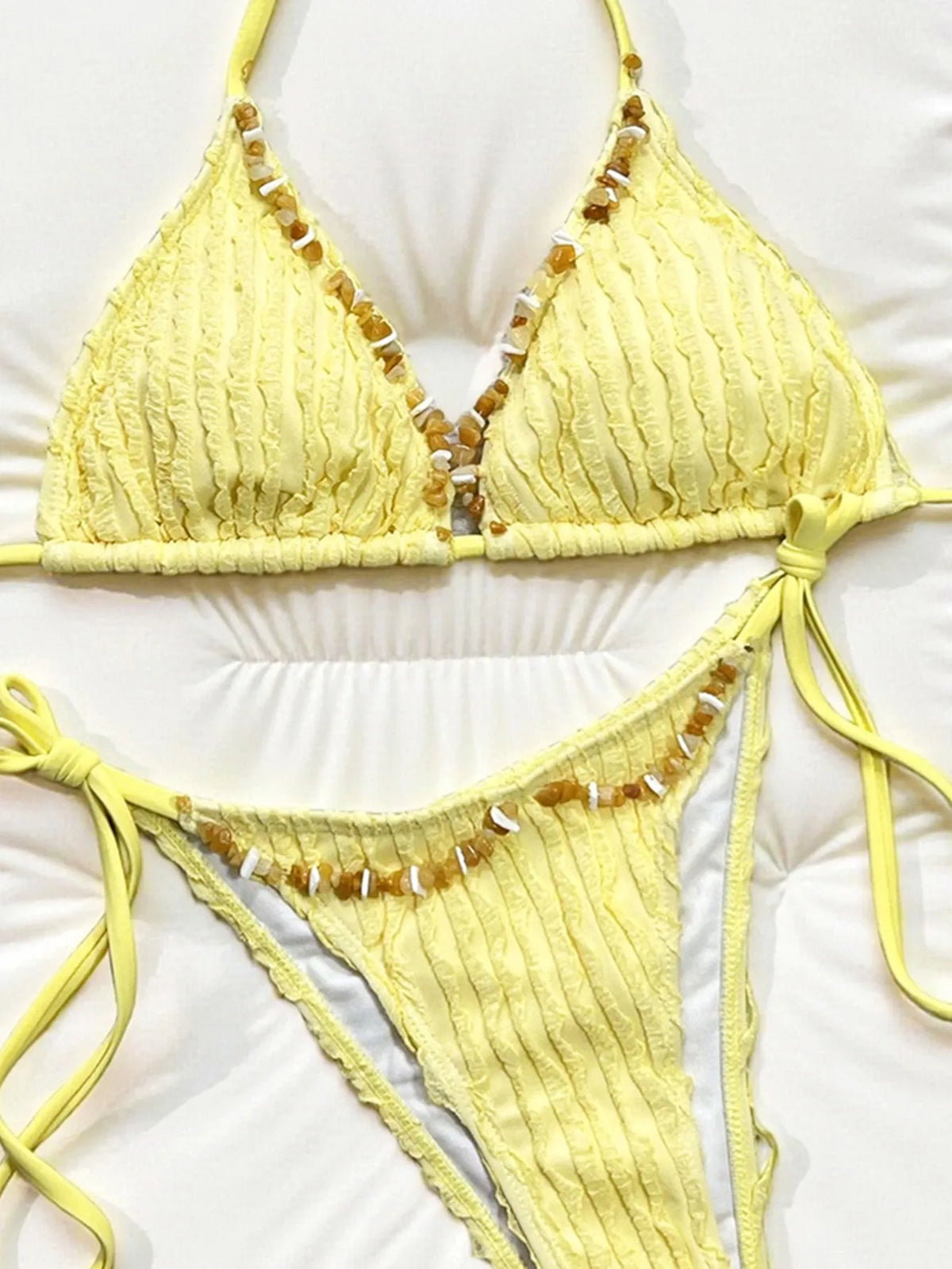 Sexy Braiding Rope V Neck Bikini Set Women Yellow Ribbed Push Up Tie Side Thong Swimsuit 2026 Beach Bathing Suit Micro Swimwear