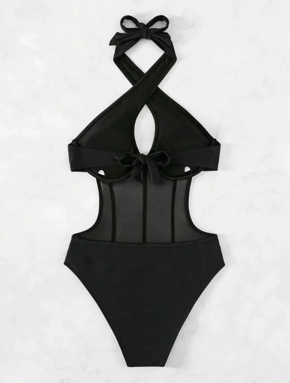 Sexy See Through One Piece Swimsuit 2025 Women Halter Corss Underwire Tummy Control Swimwear Solid Black Hot Pink Bathing Suits