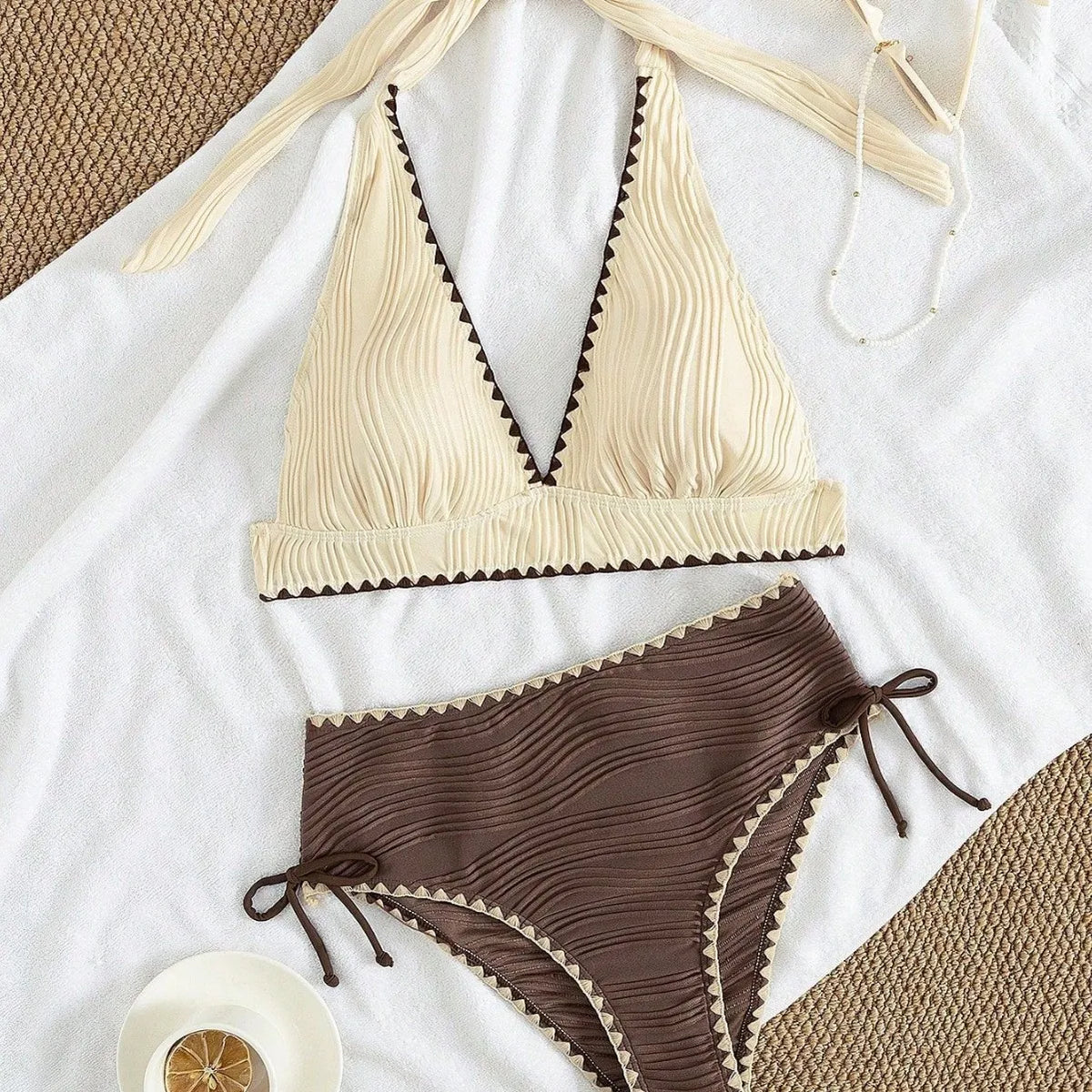 2026 Sexy Khaki Patchwork Two Piece Bikini Set Women Push Up Drawstring Side High Waist Swimsuit Holiday Bathing Suit Swimwear