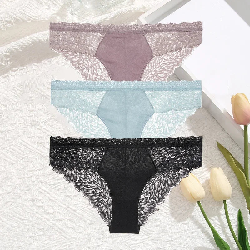 3Pcs/Set Seamless Lace Women Panties Transprant Hollow Out Low Waist Briefs Female Solid Soft Breathable Lingerie Underwear