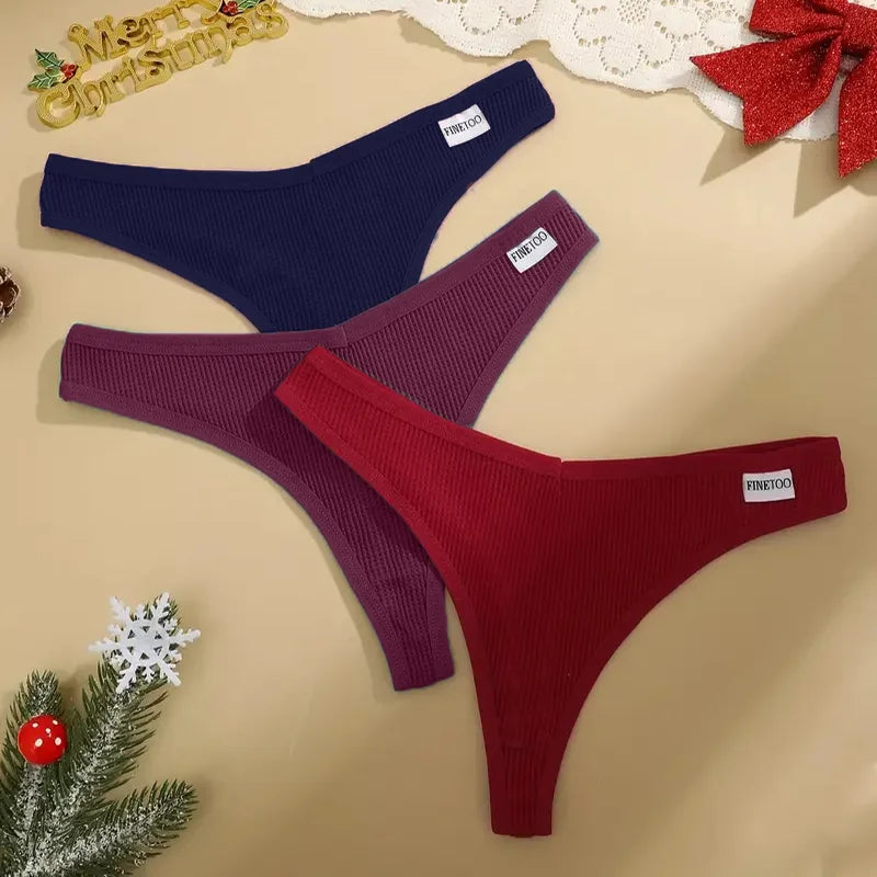 3Pcs Women Christmas Waffle Style G-string Cotton Panties Ladies Soft Thongs Female S-XL Low-Rise T-Back Panties Bikini Bikini