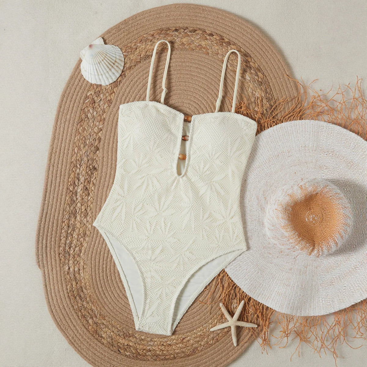 2026 Vintage Coffee Leaves Print One Piece Swimsuit Women Beaded String Hollow Out Backless Mesh Slim Fit Tummy Control Swimwear