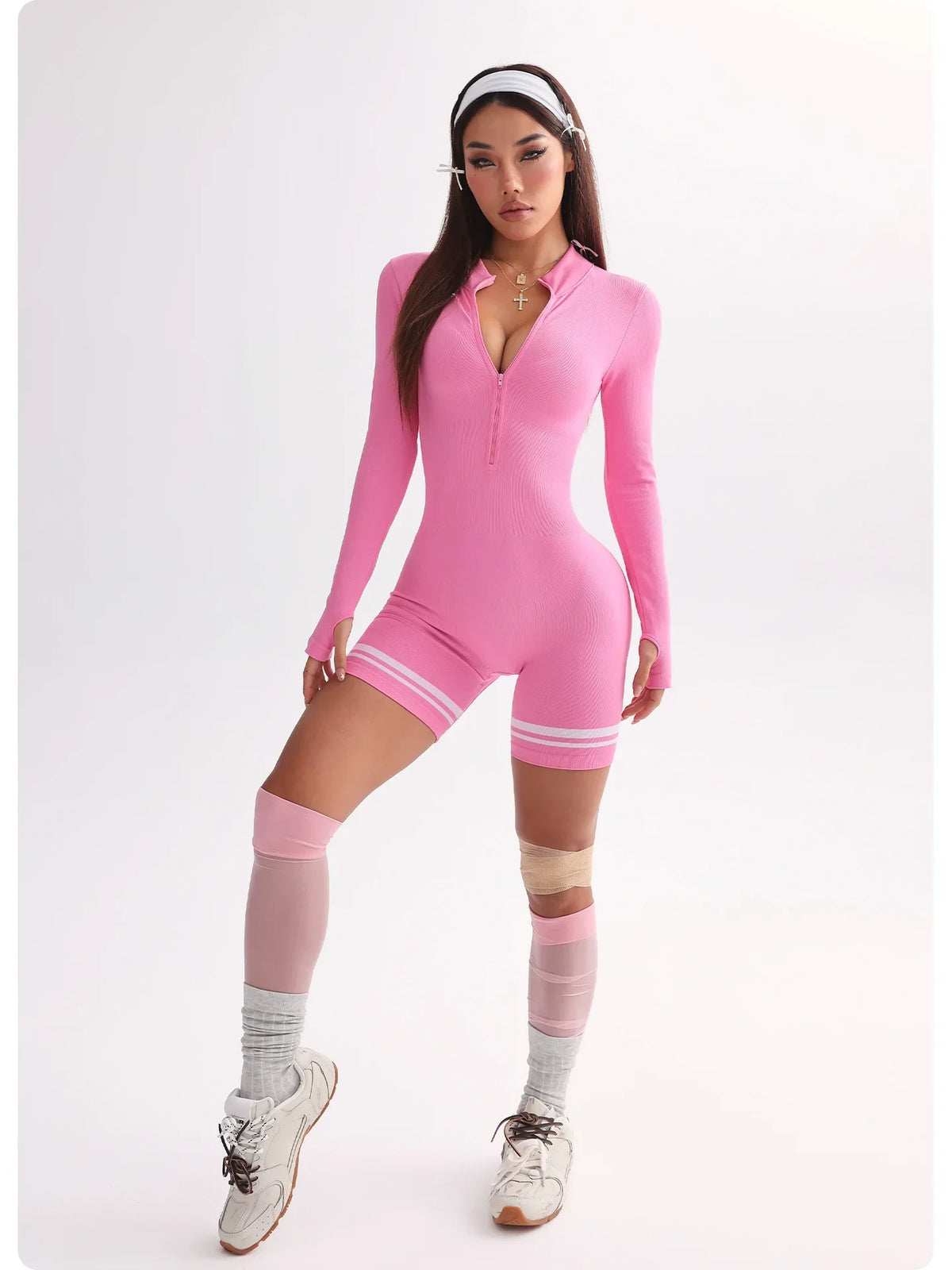 Women Sports Line Shorts Playsuits Zipper Neck One Piece Yoga Romper Pants Workout Fitness Gym Training Tights Suits