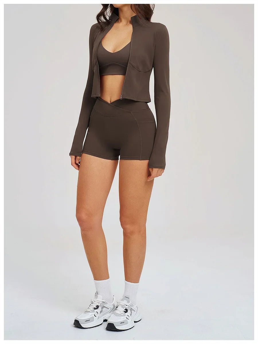 New 3 Pieces Yoga Set Women Workout Sportswear Gym Clothing Fitness Long Sleeve Crop Top Shorts Leggings Female Sport Bra Suits