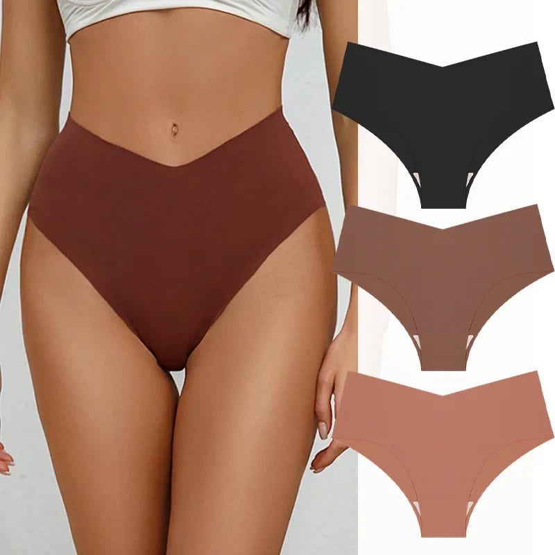 3PCS Women's Seamless Maillard Underwear Sexy V-Shaped Mid Waist Ice Silk Briefs 10 Soild Color Cozy Stretch Sexy Underpant S-XL
