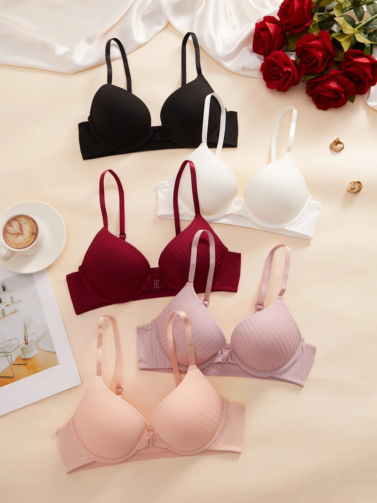 1 3 5Pcs Pure and Simple Everyday Solid Bra Push up Sexy Bras Ribbed Fabric with Unlined Sweet Women's Underwear