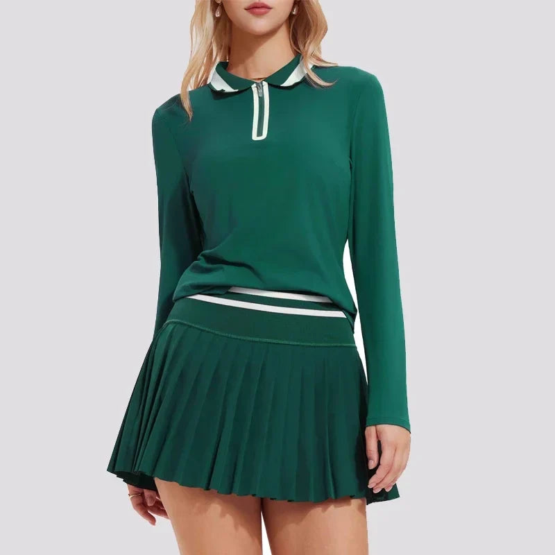 VITALINOVO Tennis Skirt Sets for Women Zipper Color Block Shirts High Waisted Golf Polo Two Piece Skirt Set Women 2 Piece Outfit