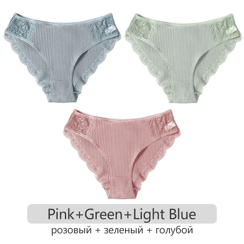 3Pcs/set Women's Cotton Panties M-2XL Trendy Patchwork Lace Underwear Female Low Waist Briefs Ladies Comfortable Underpants 2023