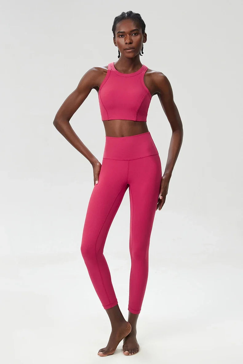 Yoga Set 2 Pieces Women's High Waisted Leggings Sports Vest Exercise Clothing Workout Outfits Fitness Sportswear Gym Tracksuit