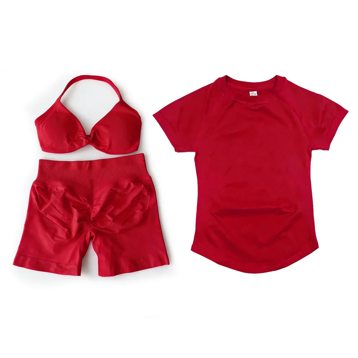 3 Pcs Gym Set Woman Short Sleeve Sport T-Shirt & Seamless Scrunch Gym Shorts & Strappy Bra Fitness Workout Suits Gym Clothing