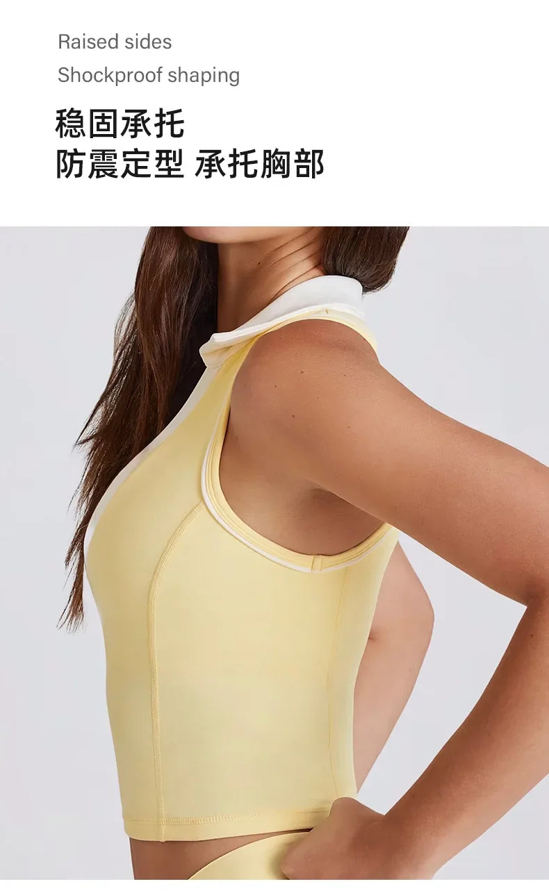 Colorblock V-Neck Tank Top with Built-In Bra Quick-Dry Breathable Sports Bra for Women Running Pilates Gym Yoga Workout