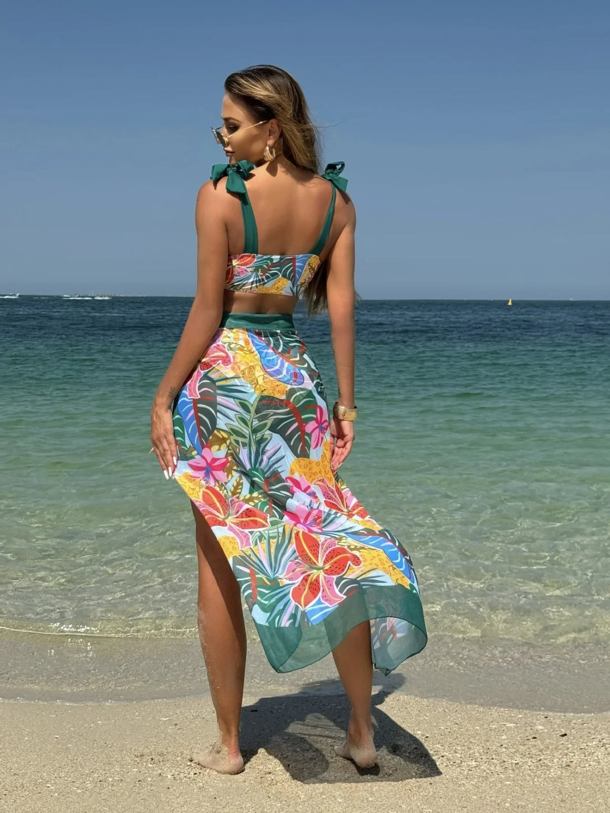 Vintage Green Leaves Print Bikini Set 2026 Women Tie Strap Push Up Underwire Long Skirt 3 Piece Swimsuit Bathing Suit Swimwear