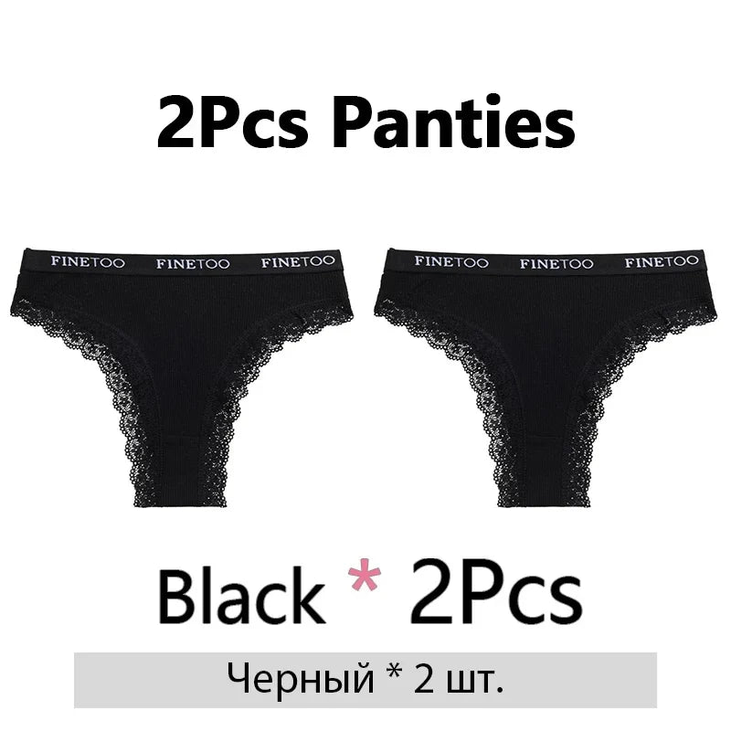 FINETOO 2Pcs/Set Women Cotton Brazilian Panties Plus Size M-2XL Lingerie Sexy Lace Underwear Low Rise Girls Intimates Underpants