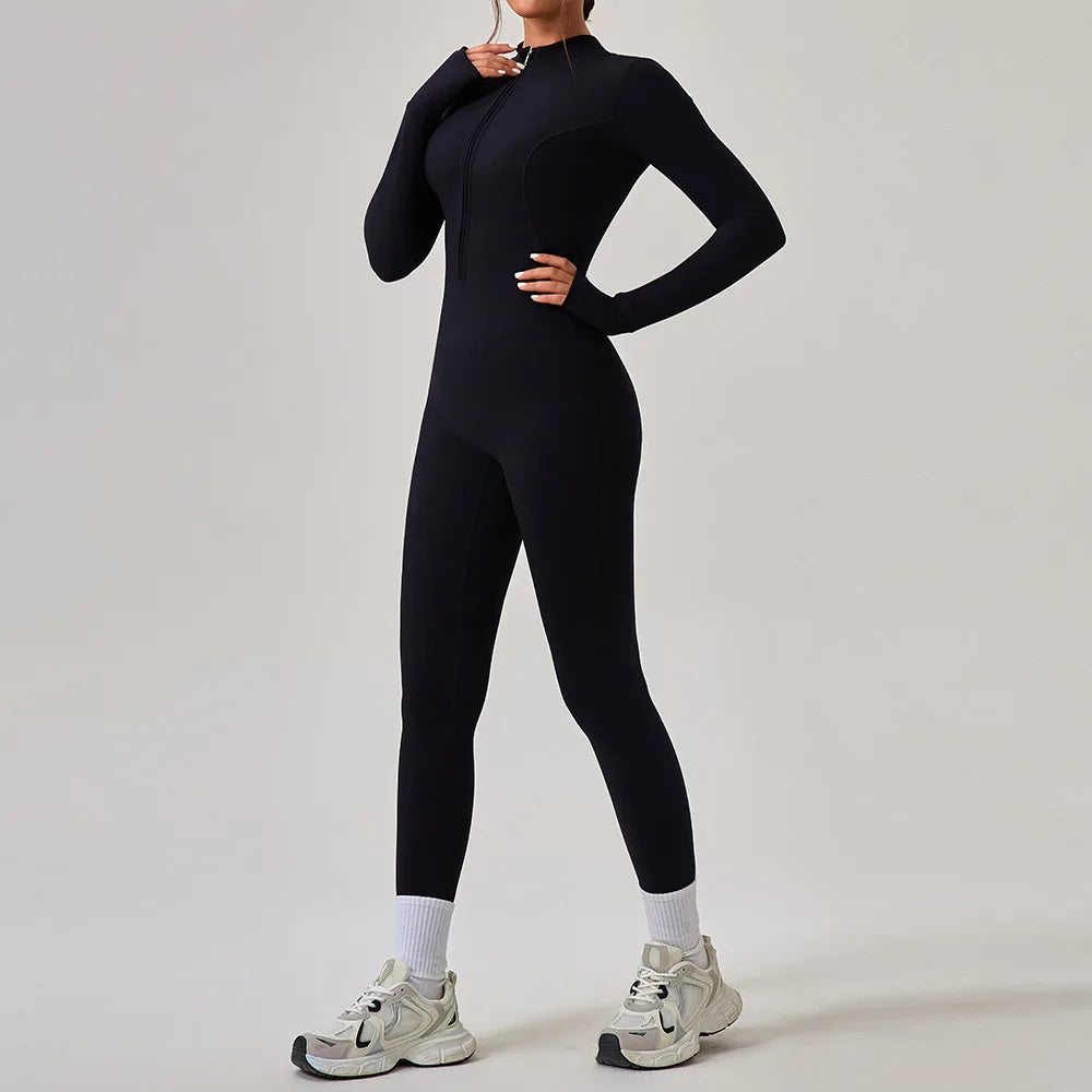 Women's Jumpsuits One-Piece Suit Yoga Set Zipper Long Sleeve Gym Push Up Workout Clothes Fitness Bodysuit Sportswear Tracksuit